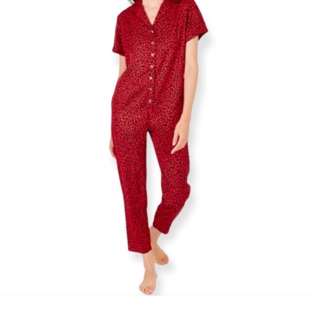 Smash + Tess Red and Black Leopard Button-Up Jumpsuit